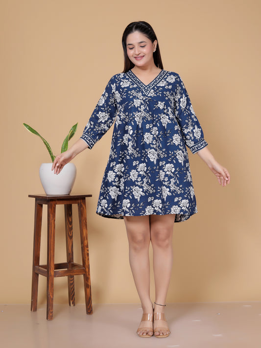 Indigo Blue Floral Print Rayon Midi Dress