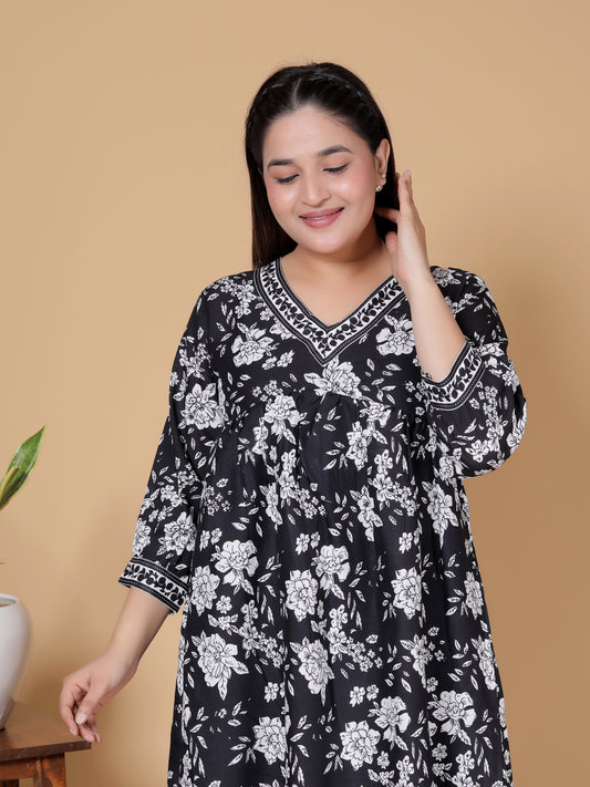 Black & White Floral Print Rayon Flared Midi Dress