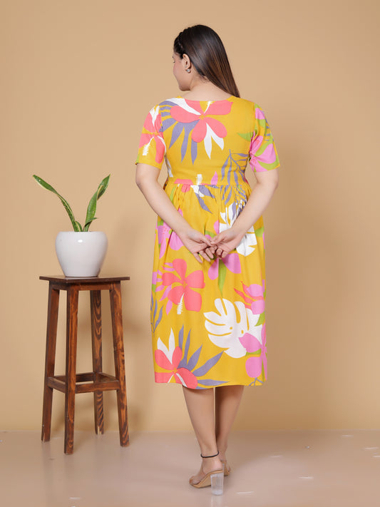 Yellow & Pink Tropical Floral Print Rayon Flared Midi Dress