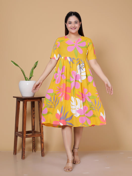 Yellow & Pink Tropical Floral Print Rayon Flared Midi Dress
