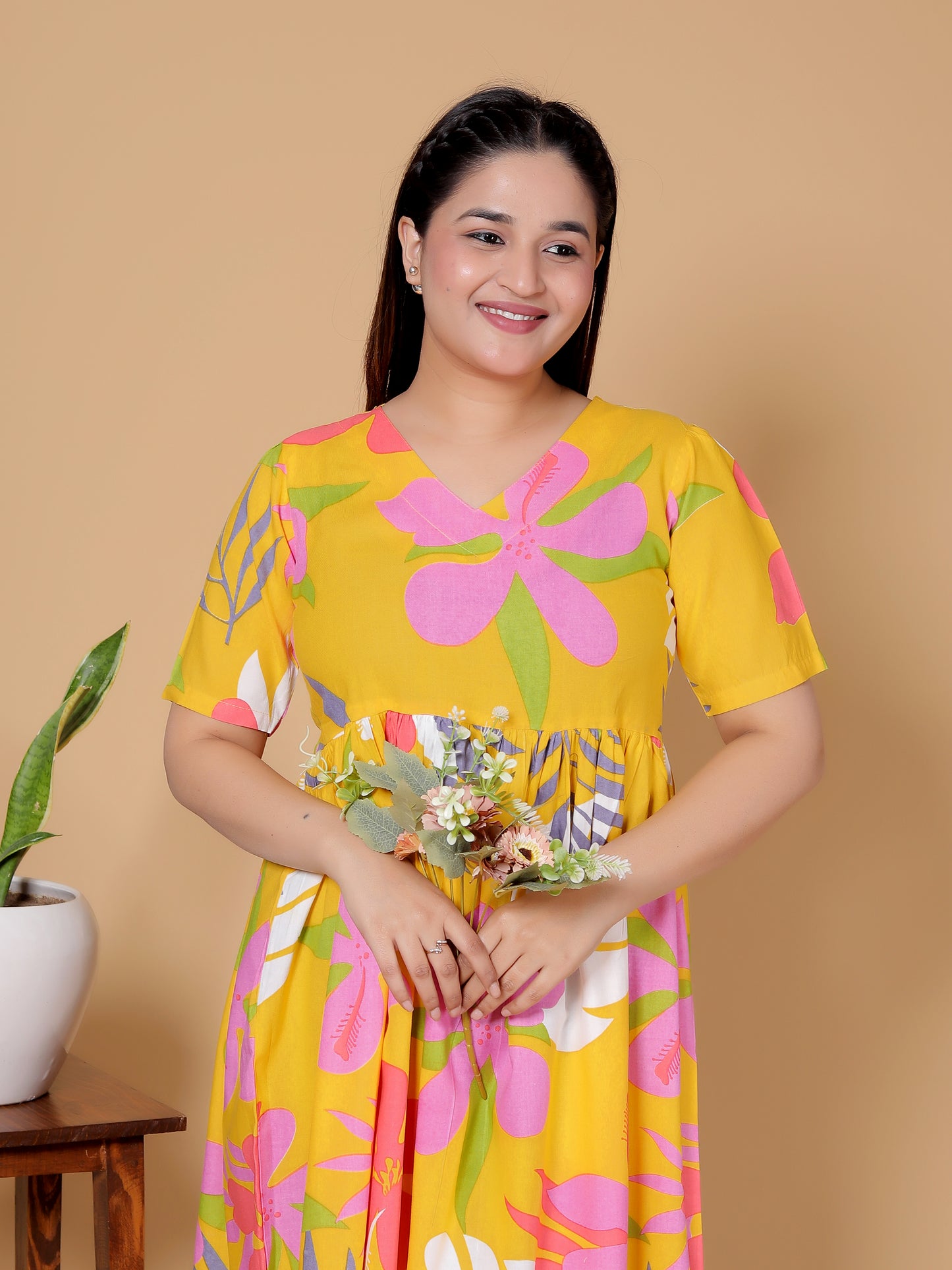 Yellow & Pink Tropical Floral Print Rayon Flared Midi Dress