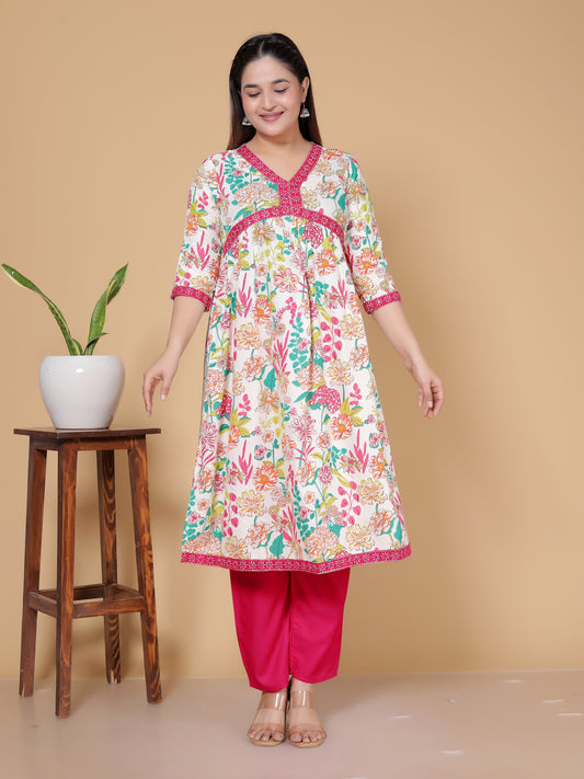 Pink & White Multicolor Floral Rayon Kurta Pant Set