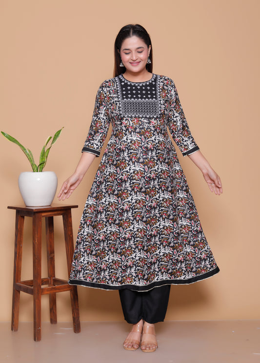 Black & Maroon Ajrakh Print Rayon Anarkali Ethnic Set with Dupatta