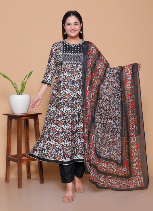 Black & Maroon Ajrakh Print Rayon Anarkali Ethnic Set with Dupatta
