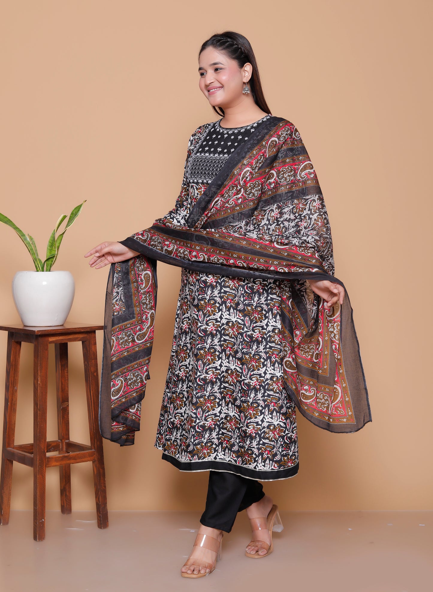 Black & Maroon Ajrakh Print Rayon Anarkali Ethnic Set with Dupatta