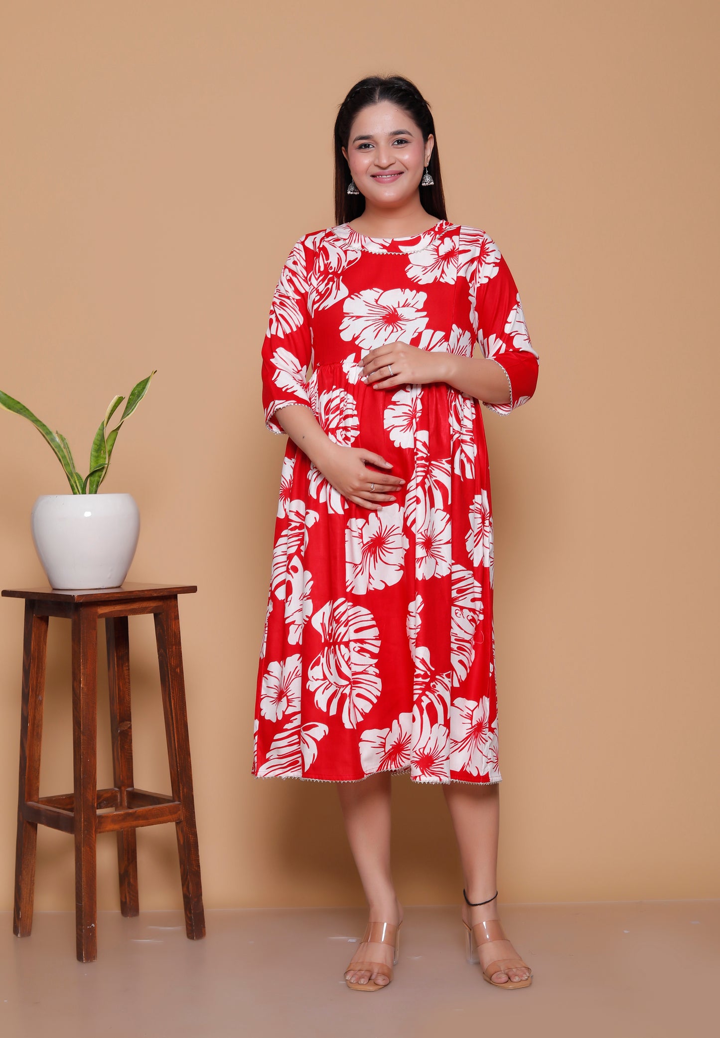 Red & White Tropical Leaf Print Rayon Maternity Feeding Dress with Zippers