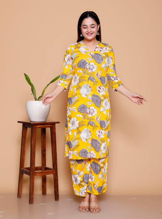 Mustard Floral Printed Rayon Co-Ord Set