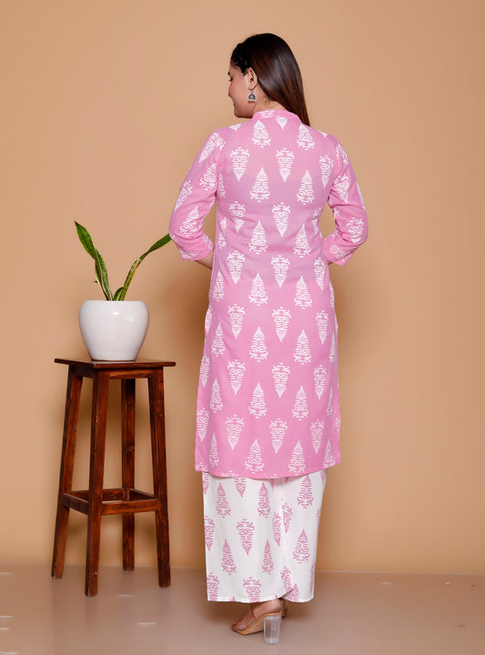 Pink & White Printed Kurta Pant Set