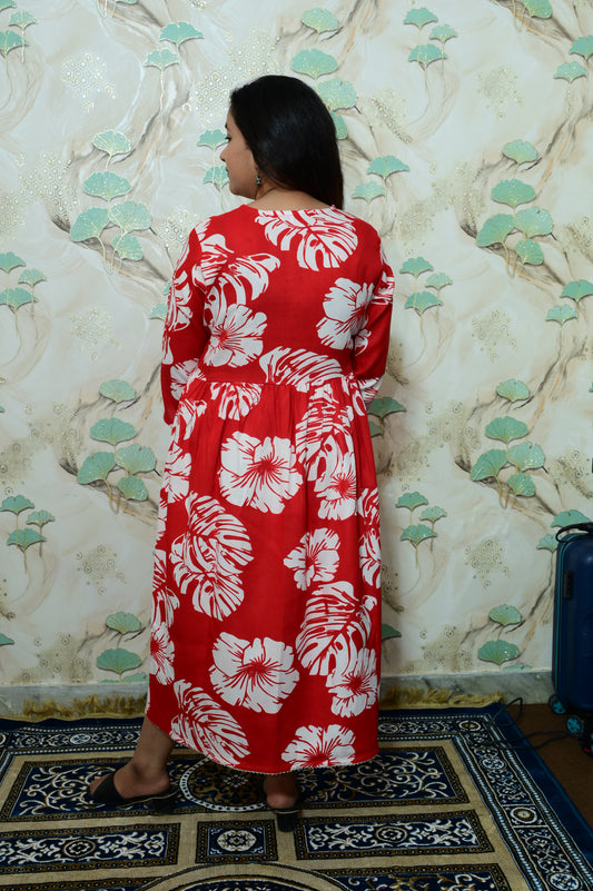 Red & White Tropical Leaf Print Rayon Maternity Feeding Dress with Zippers