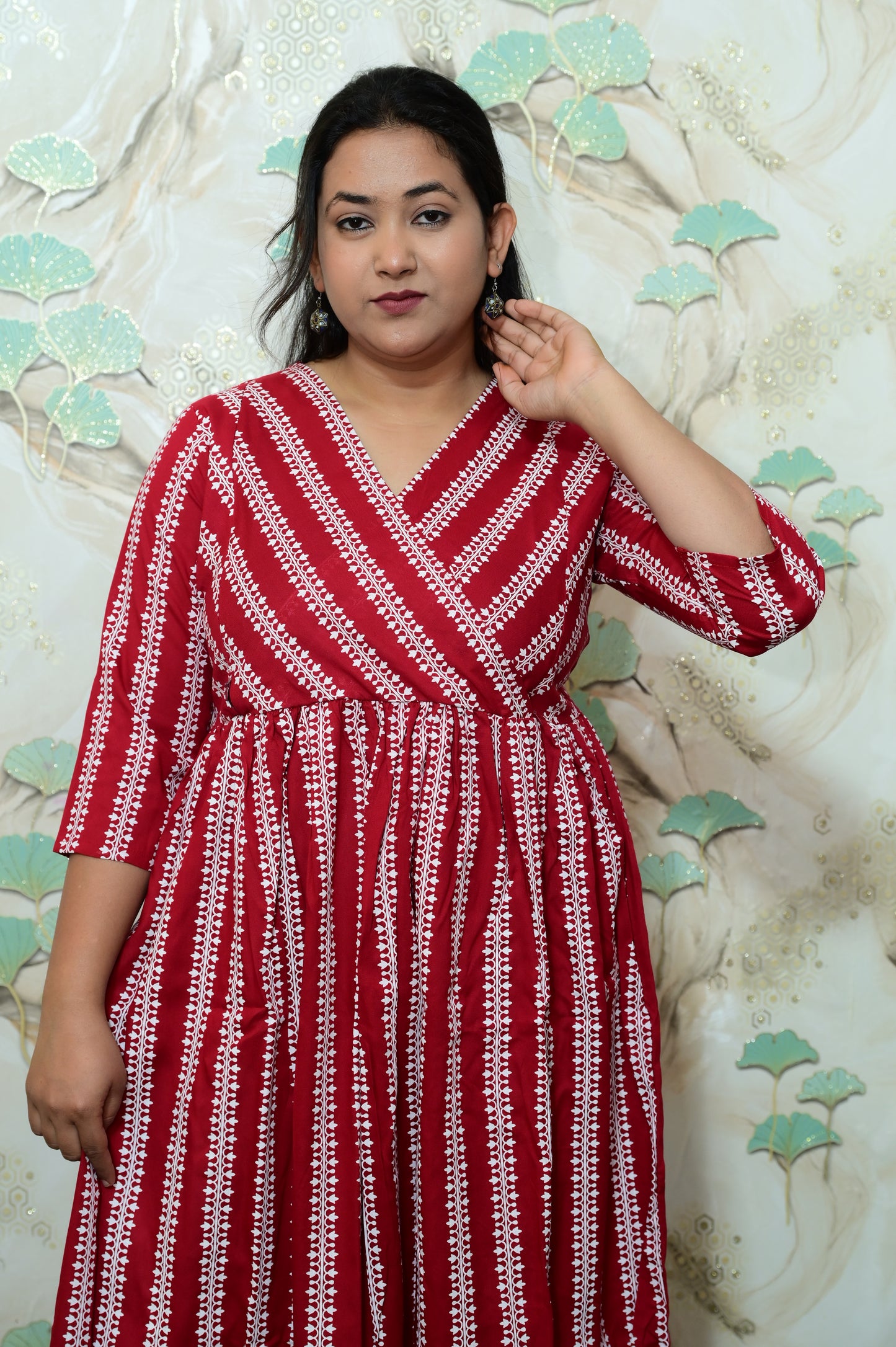 Maroon Geometric Print Rayon Maternity Feeding Dress with Zipper