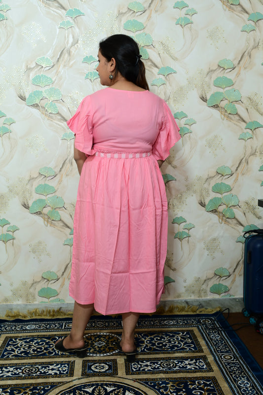 Baby Pink & White Striped Rayon Maternity Feeding Dress with Flutter Sleeves