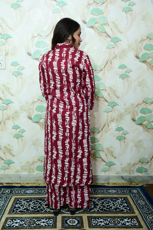 Maroon Wine Shibori Printed Rayon Kurta Pant Set