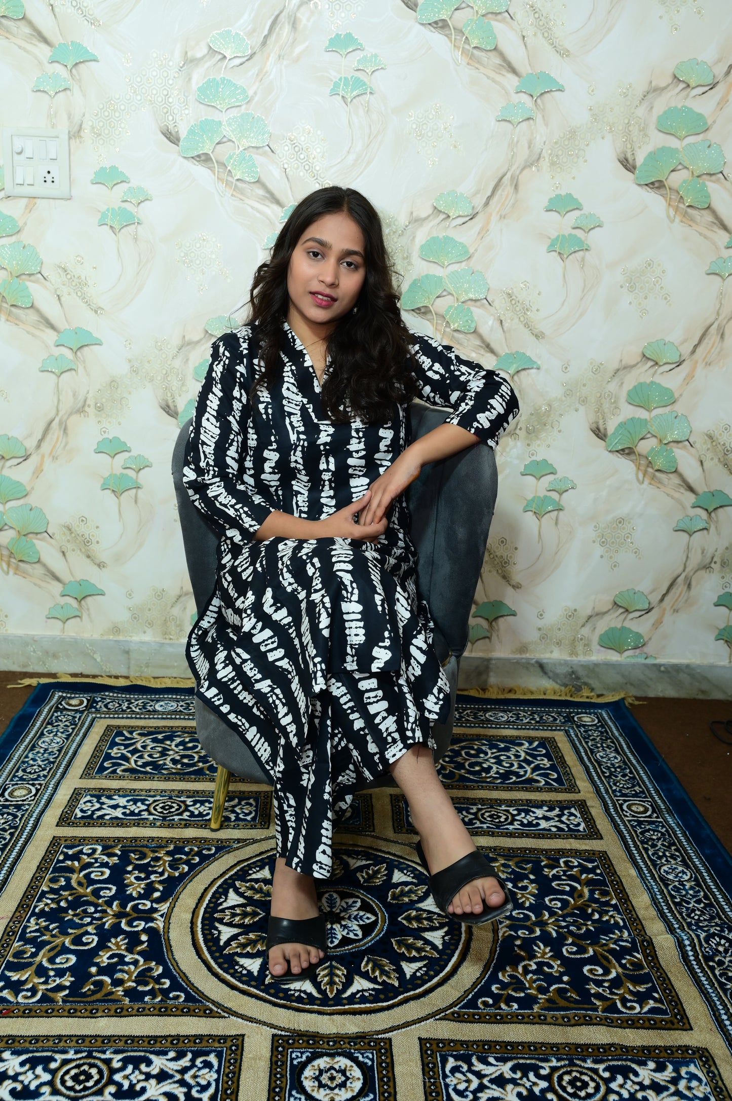 Black & White Shibori Printed Rayon Kurta Pant Set