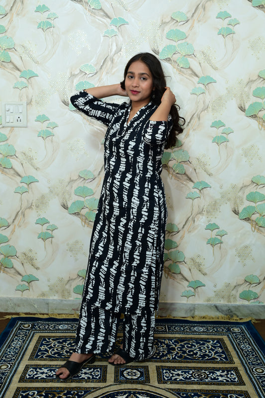 Black & White Shibori Printed Rayon Kurta Pant Set