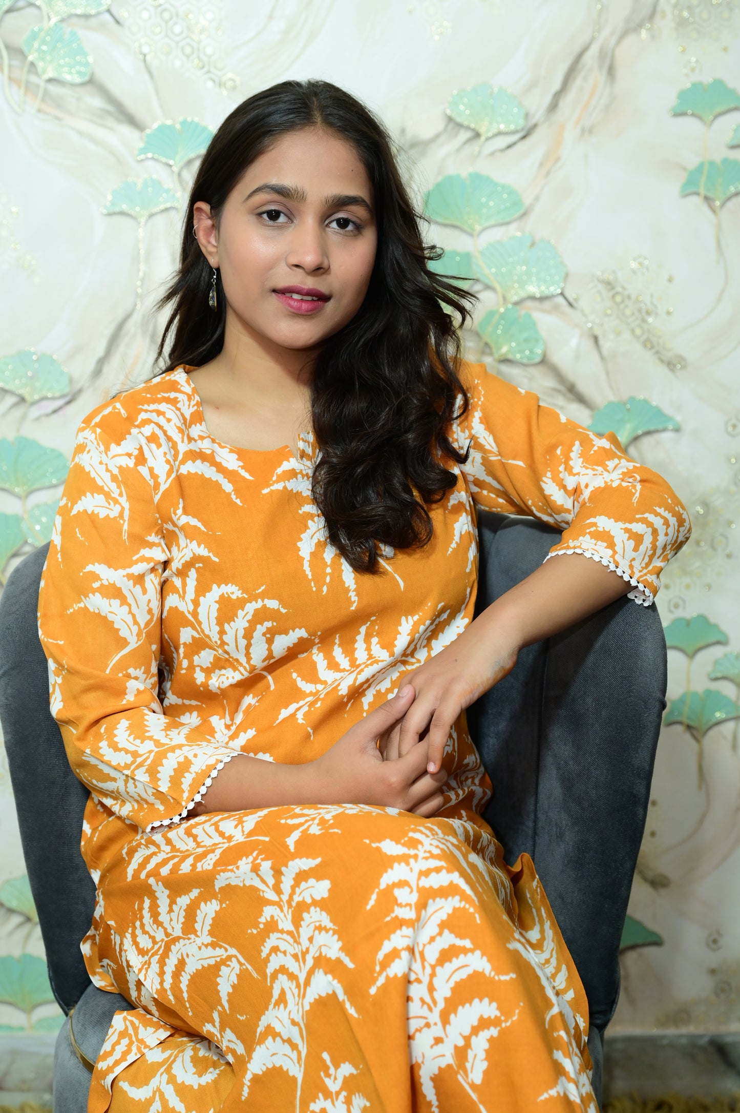 Mustard Yellow Leaf Print Rayon Co-ord Set with Lace Detail