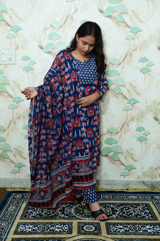 Royal Blue Pichwai Print Rayon Ethnic Set with Dupatta