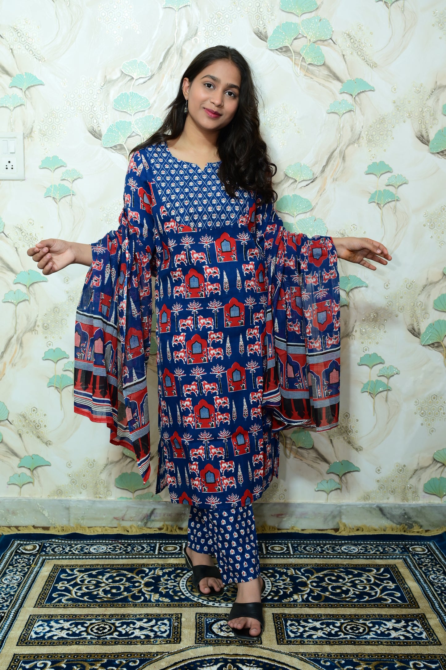 Royal Blue Pichwai Print Rayon Ethnic Set with Dupatta