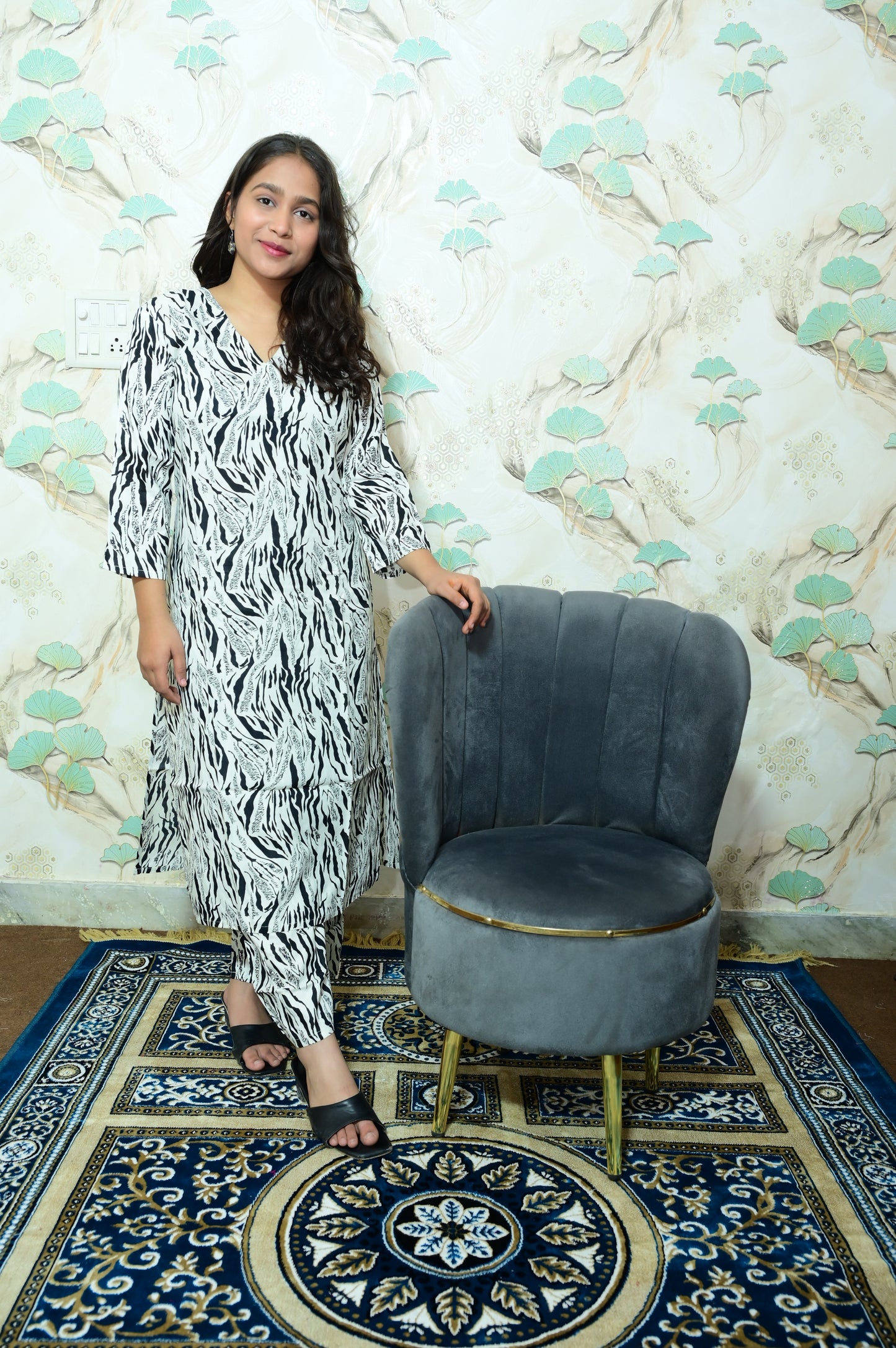 Black & White Abstract Animal Print Rayon Co-ord Set