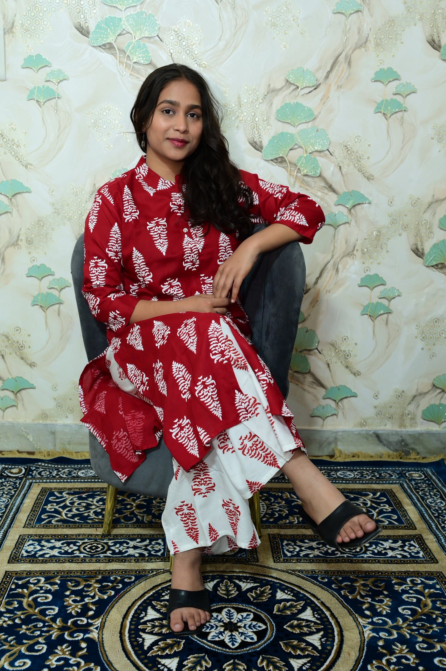 Maroon & White Tree Print Rayon Co-ord Set