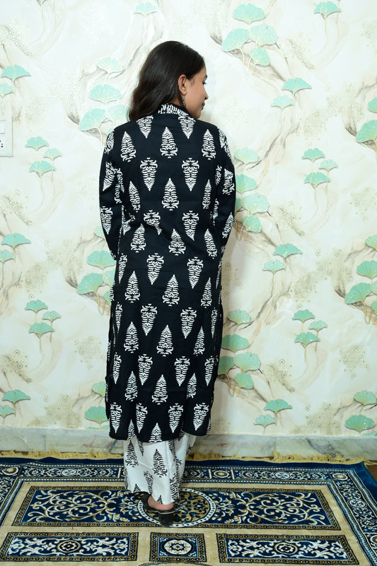 Black & White Tree Block Print Rayon Co-ord Set