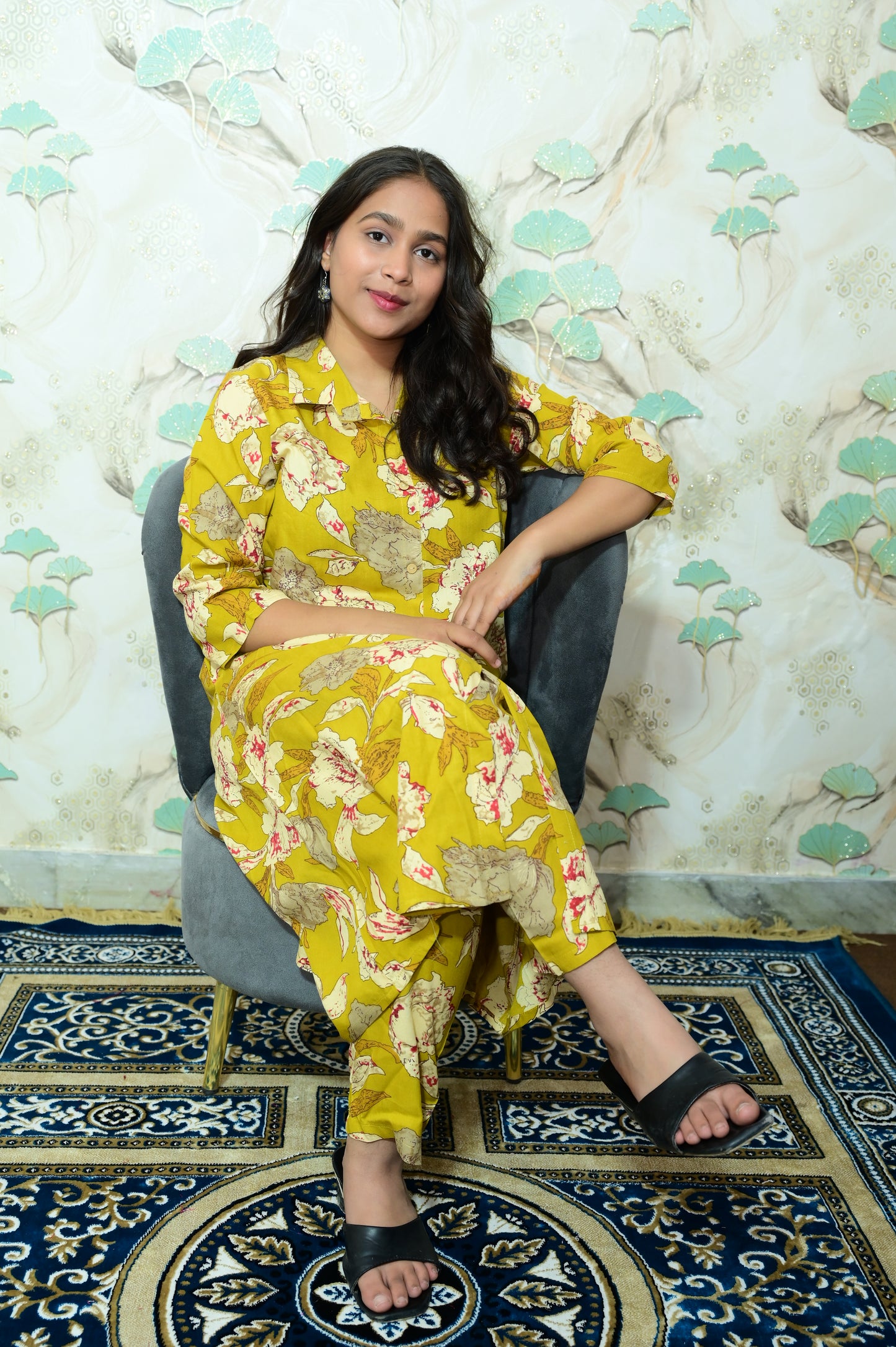 Mustard Yellow Floral Print Rayon Co-ord Set
