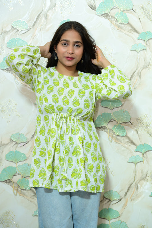 Lime Green & White Block Print Rayon Peplum Short Kurti