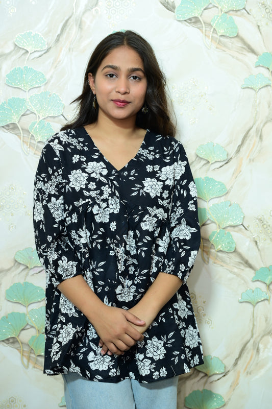 Black & White Floral Print Rayon Peplum Short Kurti
