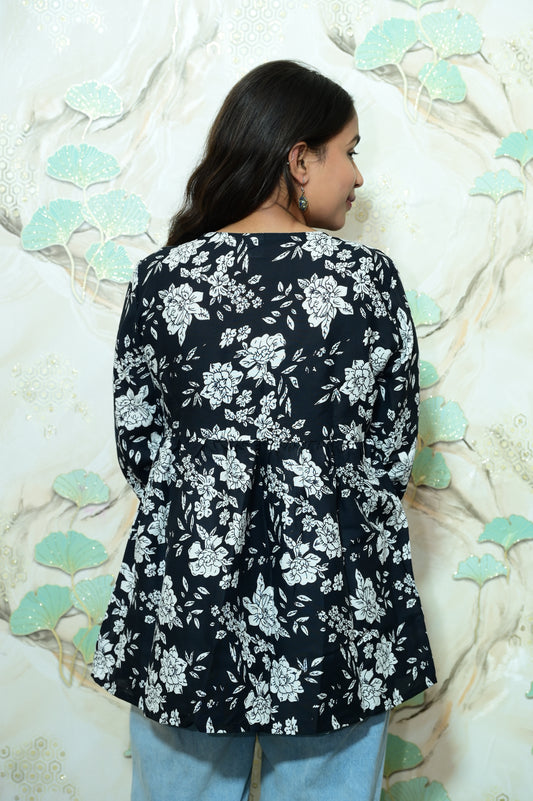 Black & White Floral Print Rayon Peplum Short Kurti