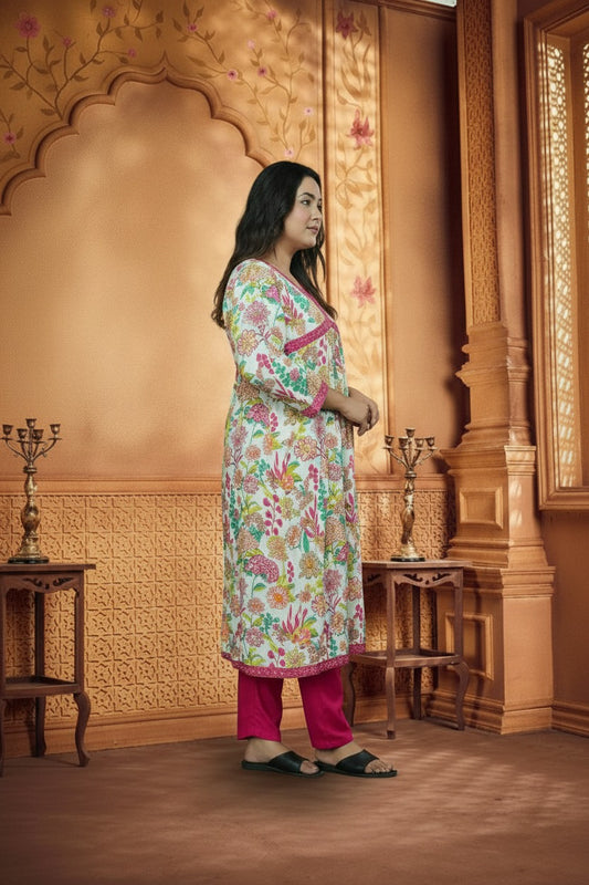 White & Pink Floral Print Rayon Kurta pant Set