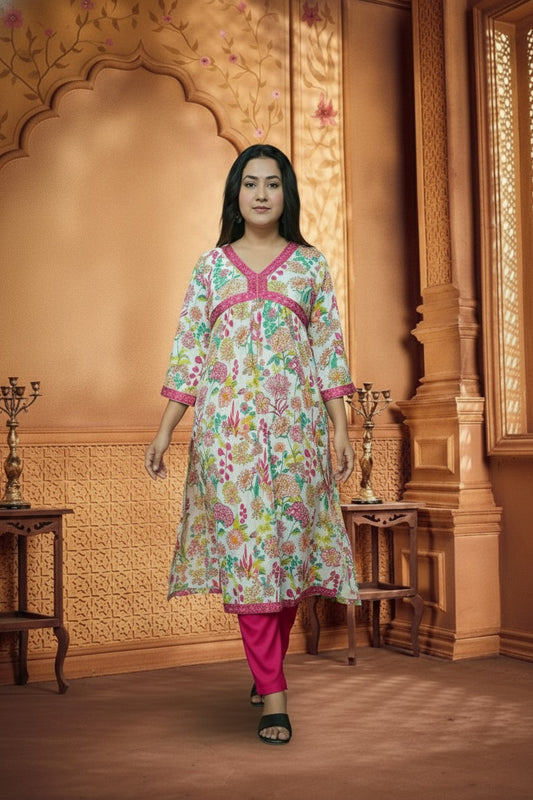 White & Pink Floral Print Rayon Kurta pant Set