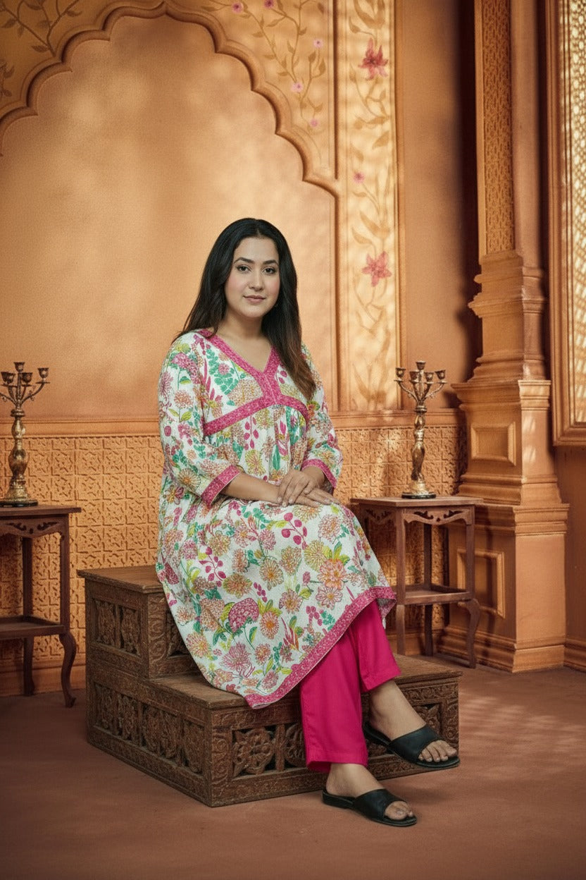 White & Pink Floral Print Rayon Kurta pant Set