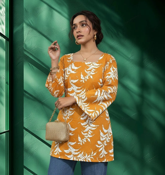 Yellow & White Printed Rayon Kurti