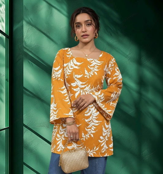 Yellow & White Printed Rayon Kurti