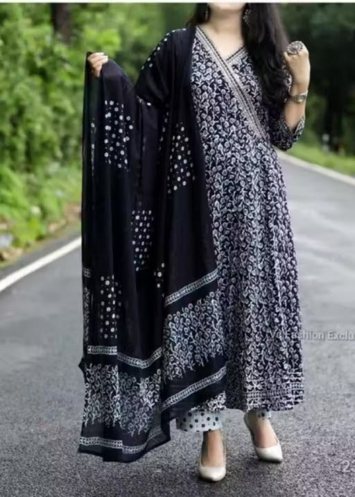 Black Printed Rayon Anarkali Ethnic Set with Dupatta