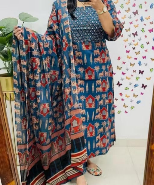 Blue Printed Rayon Kurta Pant Set with Dupatta