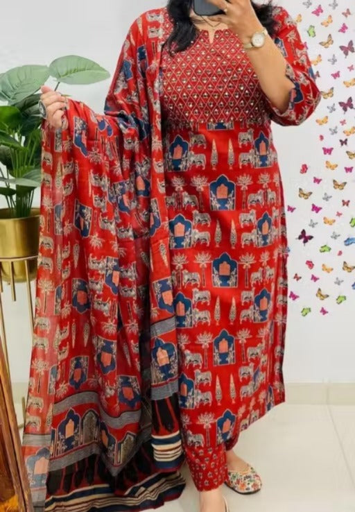 Red Printed Rayon Kurta Pant Set with Dupatta