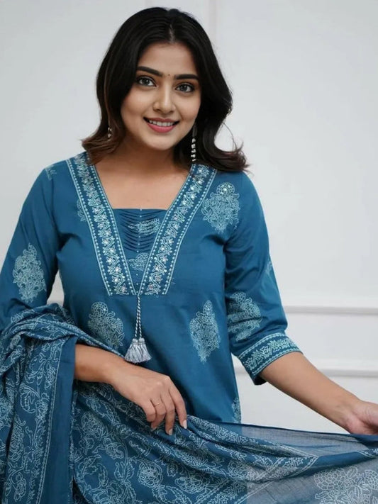 Blue Printed Rayon Kurta Pant Set