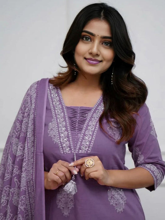 Lavender Printed Rayon Kurta Pant Set