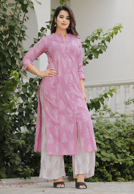 Pink & White Printed Kurta Pant Set
