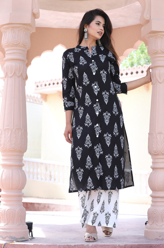 Black & White Printed Kurta Pant Set