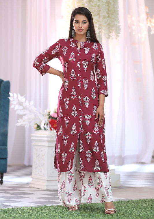 Maroon & White Printed Kurta Pant Set