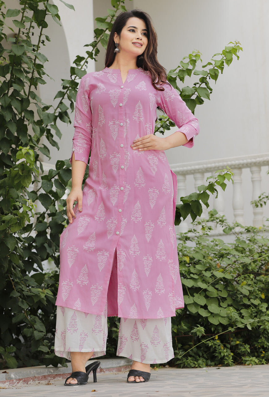 Pink & White Printed Kurta Pant Set
