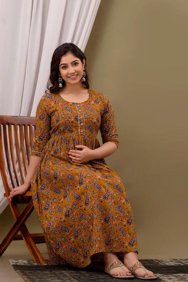 Mustard Yellow Rayon Printed Maternity Gown