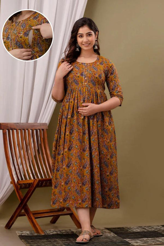 Mustard Yellow Rayon Printed Maternity Gown