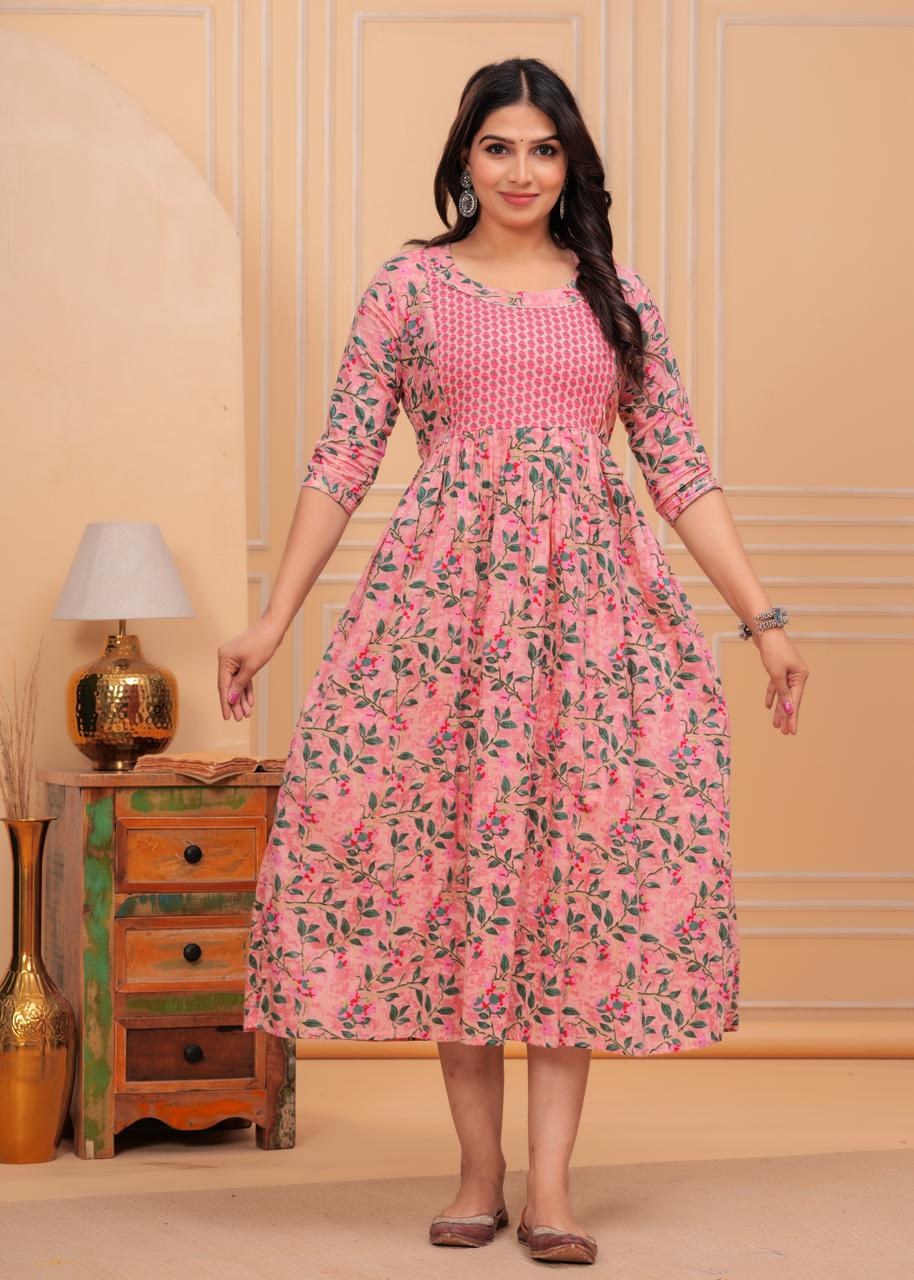 Pink Printed Rayon Maternity Gown