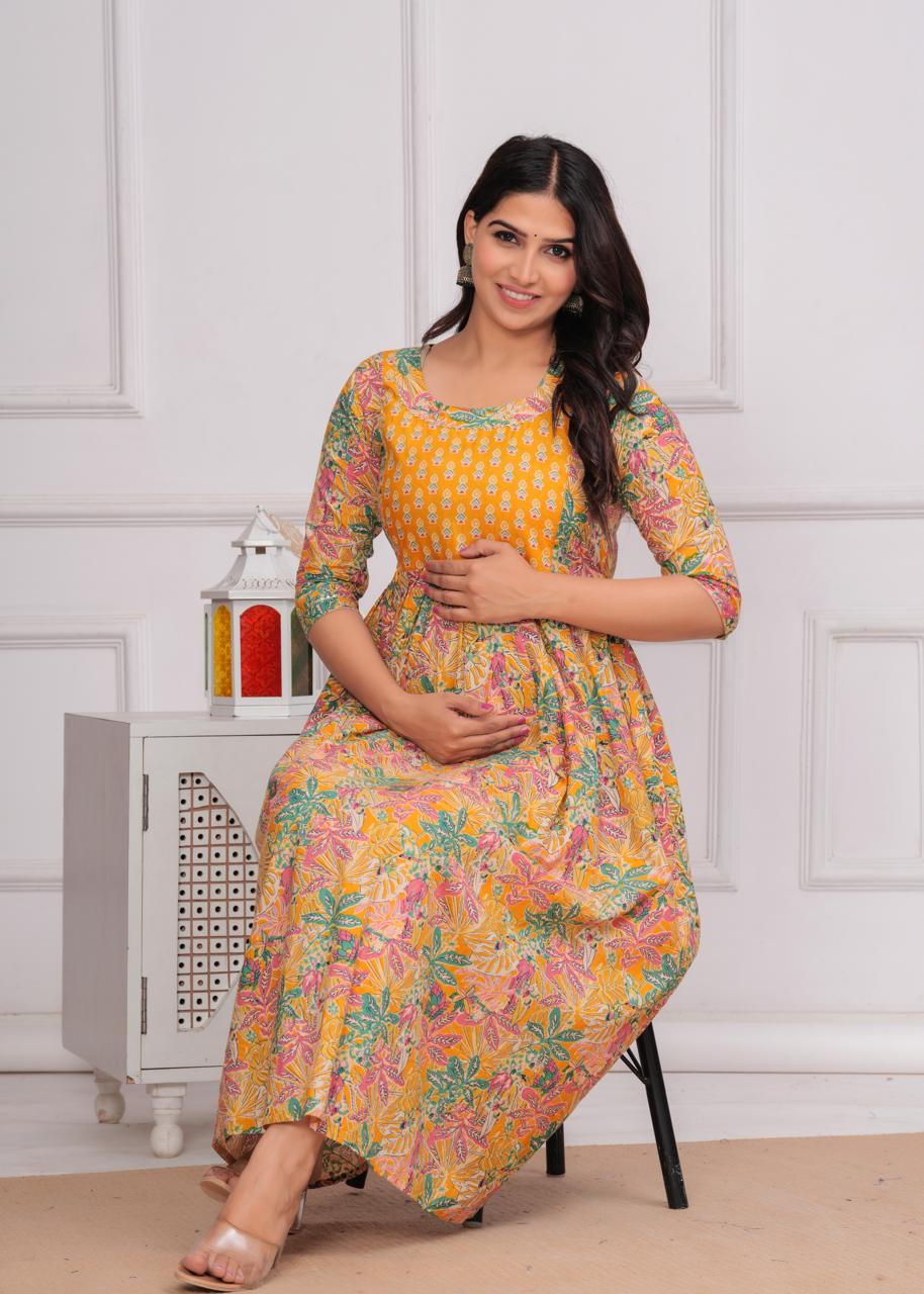 Yellow Printed Rayon Maternity Gown