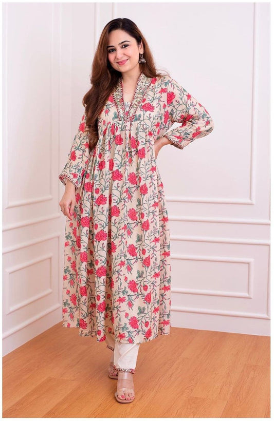 Cream & Pink Floral Rayon Printed Kurta Pant Set