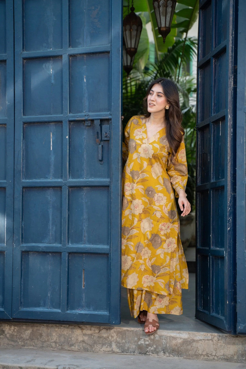 Mustard Floral Printed Rayon Co-Ord Set