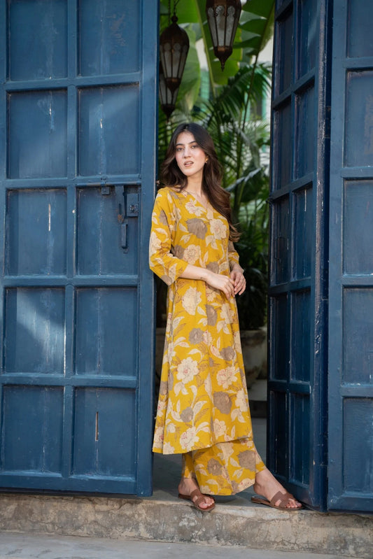 Mustard Floral Printed Rayon Co-Ord Set
