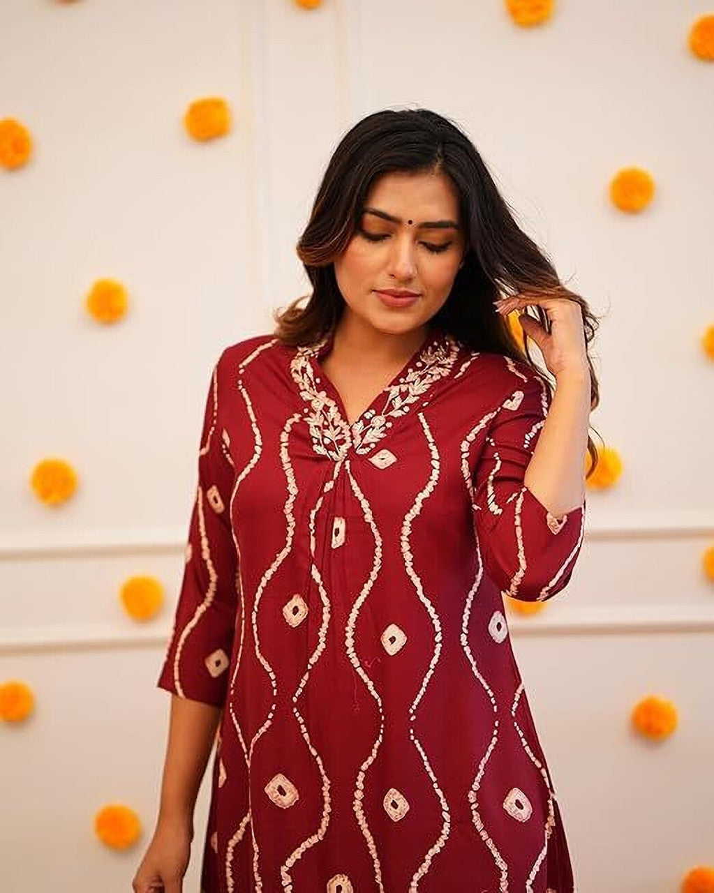 Maroon & White Leheriya Rayon Printed Kurta Pant Set